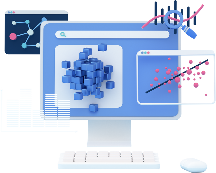 3d concept of data science and analytics, including big data, machine learning, data visualization, and predictive analytics. Desktop with  analytic graphics. 3d render illustration